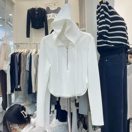 韩国东大门秋季新款百搭时尚洋气拉链连帽不规则显瘦长袖卫衣女潮商品大图