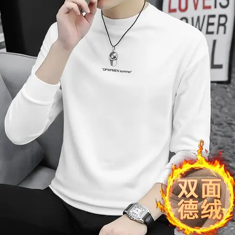 男士卫衣2023新款秋冬潮流宽松白色上衣服德绒双面绒圆领长袖t恤商品大图