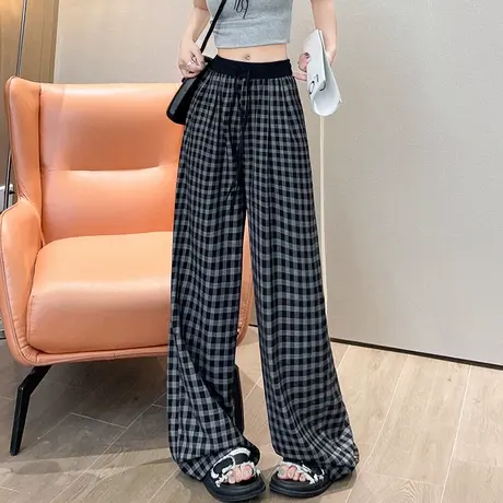 美式复古格子阔腿裤女春夏薄款2025新高腰宽松垂感拖地直筒休闲裤商品大图