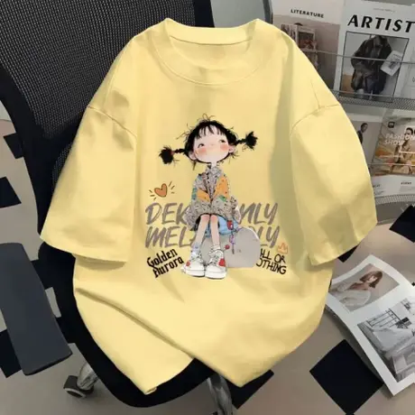 美式ins创意印花夏季纯棉短袖T恤夏季男女情侣装半袖奶黄色上衣商品大图