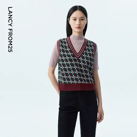 LANCY/朗姿2023秋季新款无袖女图形印花气质V领设计感通勤马夹图片