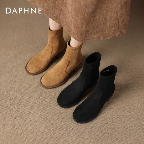 达芙妮瘦瘦短靴2026新款粗跟女士女款巨好看秋季复古皮靴子卡其色商品大图