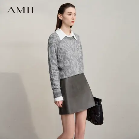 Amii2025冬新款极简抽象撞色提花绵羊毛马海毛合体弹力薄款毛衣女商品大图