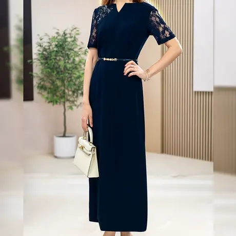 蓝色过膝蕾丝拼接连衣裙女夏新款时尚气质收腰显瘦短袖v领中长裙图片