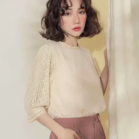 桔熊春秋季复古雪纺衫拼接蕾丝花边立领五分袖上衣女大码AB10879图片