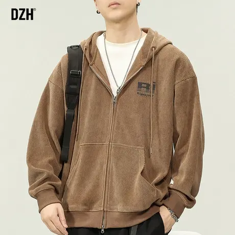 男士美式重磅卫衣男春秋季2023新款连帽开衫咖色休闲外套2023新款商品大图
