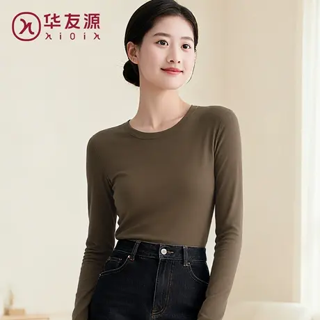 华友源秋冬季腈纶发热打底上衣女罗纹弹力肌底衣圆领德绒保暖上衣商品大图