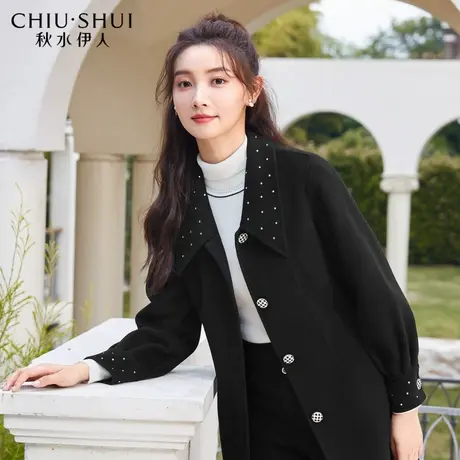 秋水伊人断码清仓黑色外套冬季女装绵羊毛收腰贵气双面毛呢外套图片