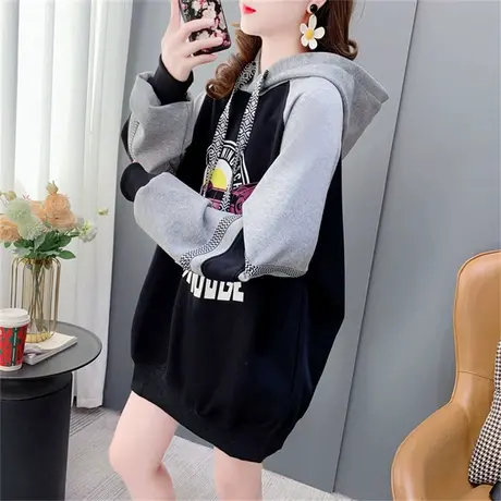 美式复古拼色连帽卫衣女春季2023年新款宽松中长款减龄设计感外套商品大图