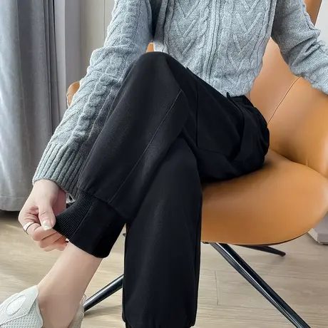 美式束脚黑色毛呢工装裤女秋冬新款高腰大口袋加厚休闲直筒哈伦裤商品大图