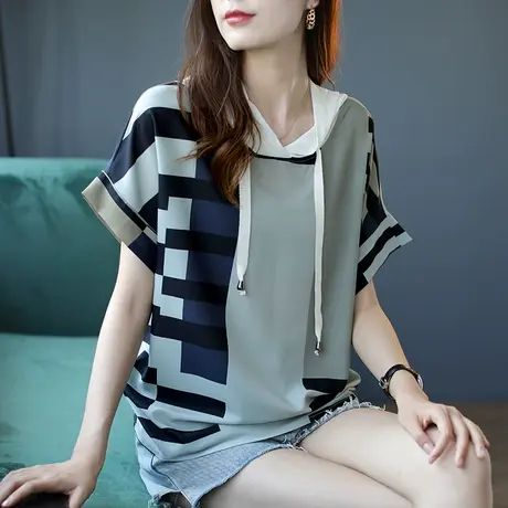 宝诗黎撞色印花蝙蝠短袖夏季雪纺衫上衣女2023薄款连帽T恤衫新款商品大图