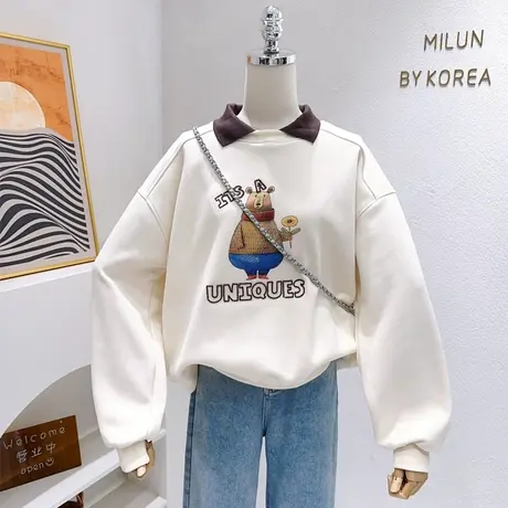 小个子加绒卫衣~韩代同款polo领甜美ins小熊秋冬摇粒绒上衣软糯女图片