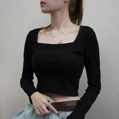 打底衫2023新款女秋冬黑色方领短款上衣t恤春季纯棉洋气内搭长袖图片