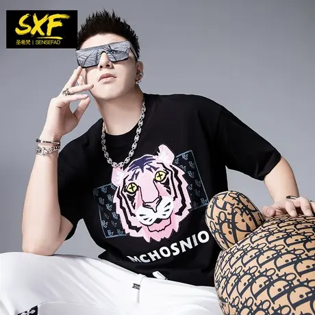 SXF圣希梵男士t恤短袖 纯棉重磅体恤港风虎头刺绣宽松情侣半袖男商品大图