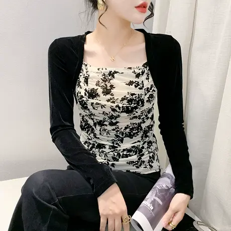 时尚方领T恤女长袖金丝绒网纱印花拼接上衣欧货复古修身打底衫秋图片