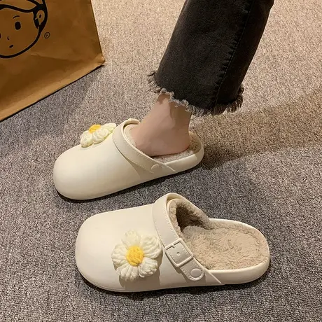 韩版ins花朵毛毛防水棉拖鞋eva女外穿2023家居外穿包头加绒月子鞋商品大图