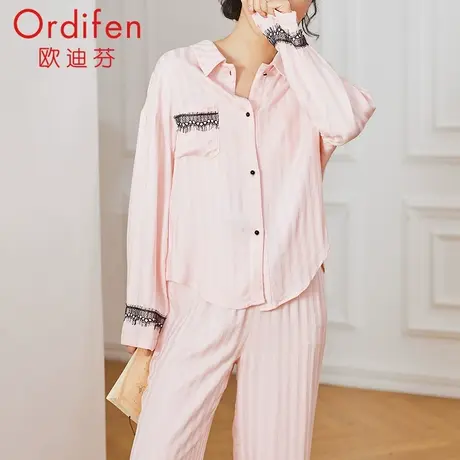 欧迪芬长袖长裤家居服套装条纹拼蕾丝衬衫睡衣套装图片