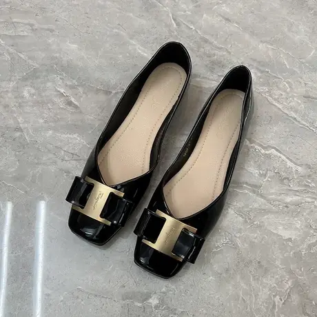 真皮方头平底单鞋女2023年新款夏季小香风黑色浅口四季瓢鞋船鞋子商品大图