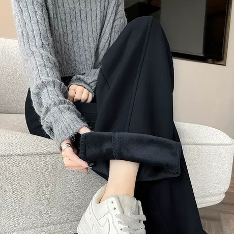 黑色加绒阔腿裤女2023新款秋冬高腰显瘦运动裤加厚垂感休闲香蕉裤商品大图