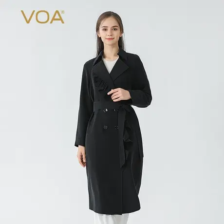 VOA暗黑色45姆米重磅真丝荷叶花边装饰连肩长袖西装领桑蚕丝外套图片