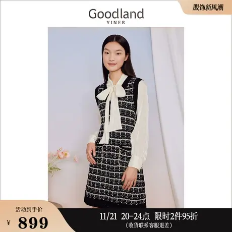 [假两件]Goodland美地女装2023秋季飘带领含羊毛H型连衣裙商品大图