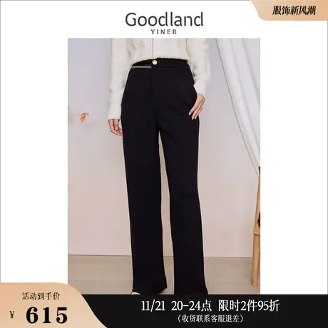 Goodland美地女装2023冬季腰头织带装饰直筒休闲裤碳灰长裤商品大图