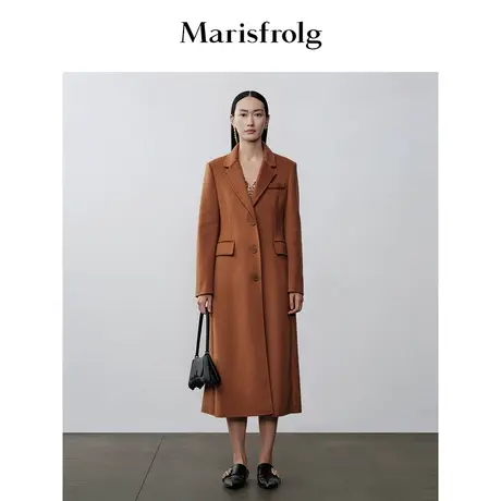 【商场同款】玛丝菲尔大衣秋季新款西装领棕色高腰长款毛呢外套商品大图