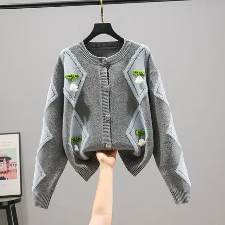 22076新款韩版宽松圆领针织衫小清新长袖纽扣开衫外套毛衣上衣商品大图