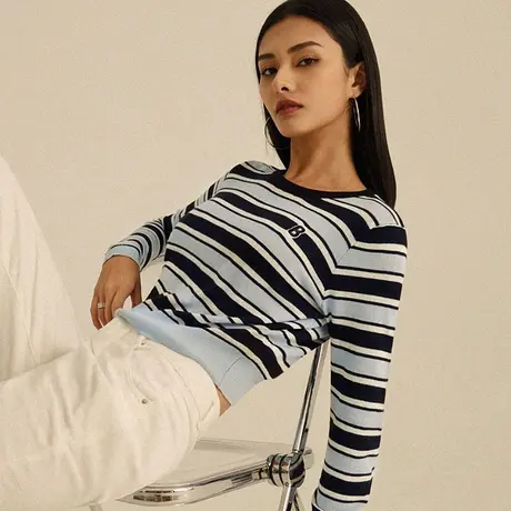 桔熊秋季休闲条纹针织衫字母修身长袖短款上衣女胖妹妹大码FA2853商品大图