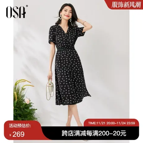 OSA欧莎轻薄雪纺连衣裙女夏季2023年新款气质收腰黑色印花v领裙子图片