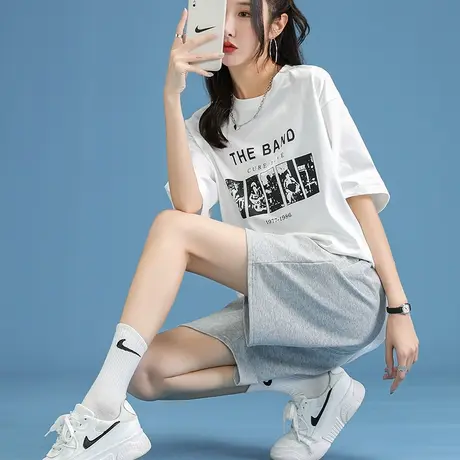 纯棉五分运动短裤女2022新款夏季薄款宽松休闲直筒港味潮ins中裤图片