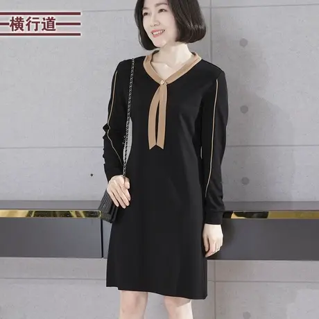 韩版简约V领撞色宽松中长款长袖连衣裙外穿上衣女装2024春季新款图片