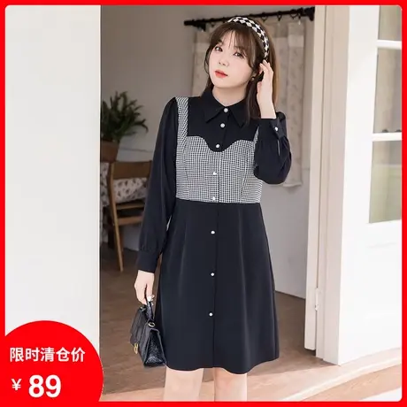 【清仓】季新款气质假两件收腰长袖连衣裙显瘦大码胖MM衬衫小黑裙商品大图