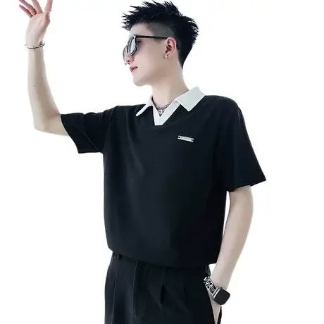 夏季男士polo衫短袖t恤半袖潮牌撞色拼接翻领半截袖休闲V领体恤商品大图