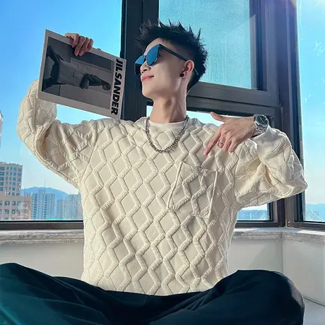 重磅菱格提花加厚卫衣男秋冬新款ins纯色轻熟高级感潮男打底上衣商品大图