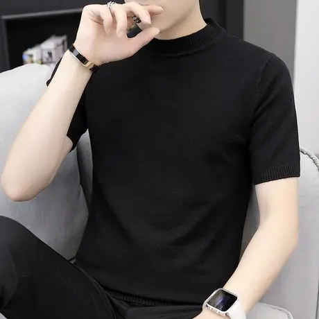 秋冬款短袖t恤毛衣男圆领半袖针织纯色修身毛衫针织衫夏季中领潮商品大图