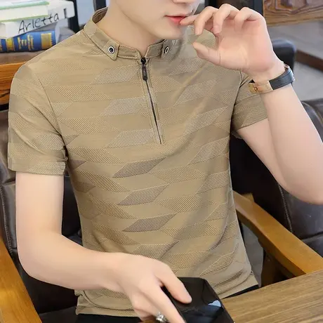 男士短袖t恤2025夏季新款潮牌冰丝POLO衫半袖体恤潮流拉链上衣服图片