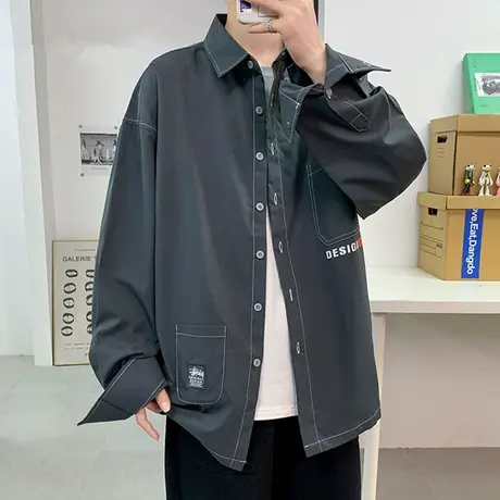 工装衬衫男长袖潮流宽松帅气衬衣男美式休闲寸衫外套春秋款上衣服商品大图