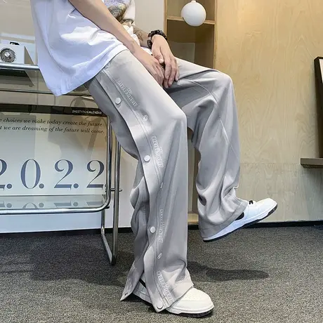 潮牌侧边排扣休闲裤2025新款春秋季薄款透气拖地运动抽绳系带长裤商品大图