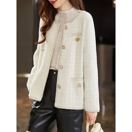 宝诗黎圆领亮丝高级感小香风短外套2023秋季新款时尚毛绒开衫上衣商品大图