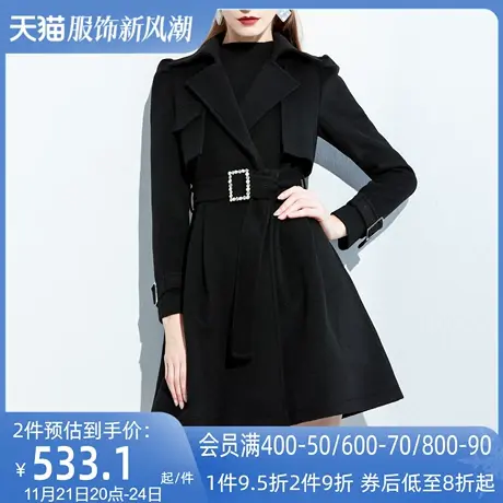 AUI赫本风小个子黑色毛呢外套2023女冬新款气质修身西装呢子大衣图片