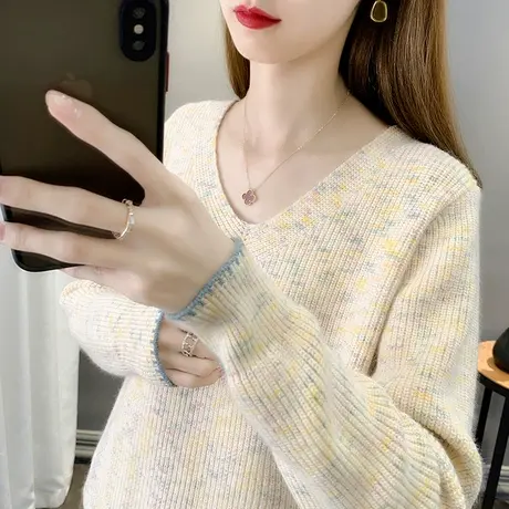 V领毛衣女宽松外穿2024年秋冬新款毛衣女花纱打底针织衫女套头潮商品大图
