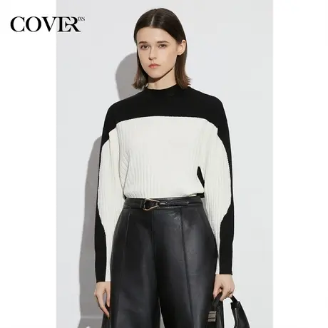 COVER春季羊毛混纺黑白拼色挂毛工艺毛衣商品大图