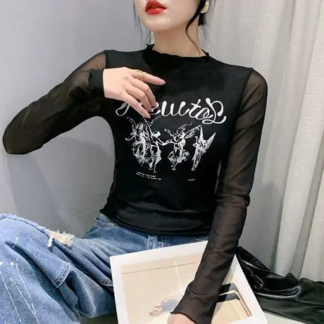 时尚印花T恤女长袖2024秋新款性感网纱打底衫内搭洋气半高领上衣商品大图