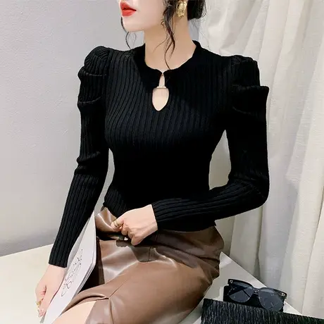 黑色针织衫长袖T恤女性感镂空泡泡袖毛衣洋气修身套头内搭打底衫商品大图