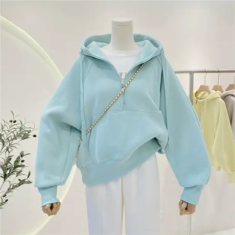 简约百搭半拉链连帽卫衣女2023春秋设计感小众宽松纯色上衣外套商品大图