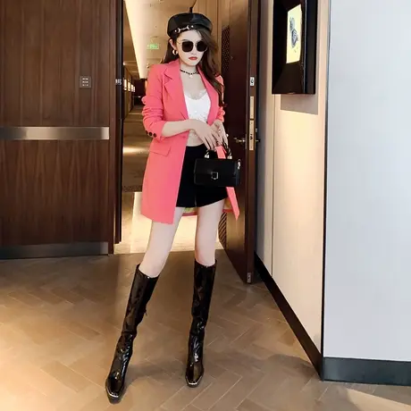 玫红色休闲职业西装外套女中长款通勤风百搭时尚气质修身西装裙子图片