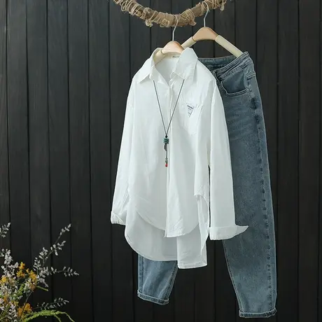 白衬衫女春秋2022新款叠穿内搭打底衫设计感小众宽松休闲纯棉衬衣商品大图