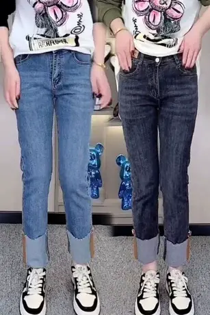 拼接烟管牛仔裤女2023春季新款高腰显瘦直筒九分裤撞色设计感裤子图片