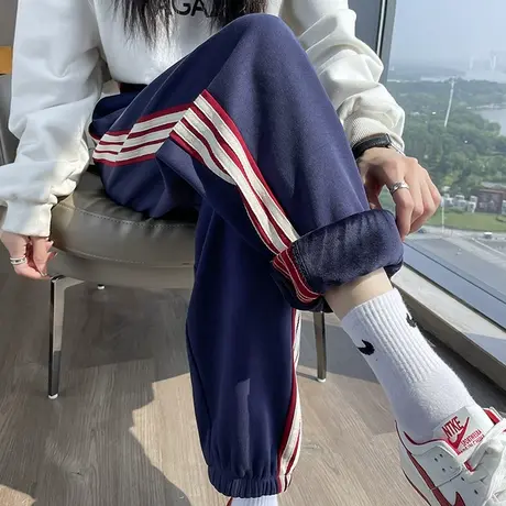 加绒运动裤女春秋冬高腰宽松显瘦蓝色休闲小个子束脚加厚阔腿卫裤商品大图